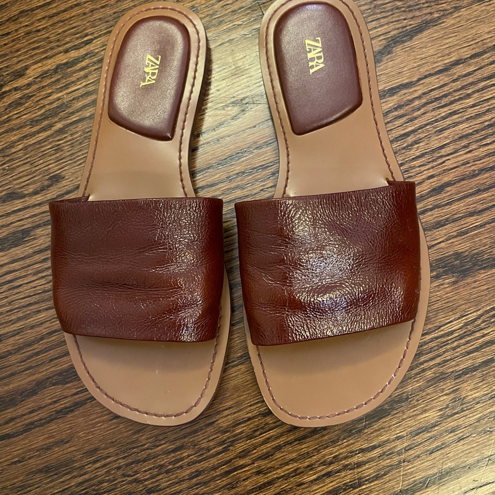 Zara Women's Rich Brown Faux Leather Slide Sandals